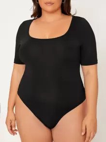 SHEIN BASICS Plus Solid Scoop Neck Bodysuit - Black - View 5