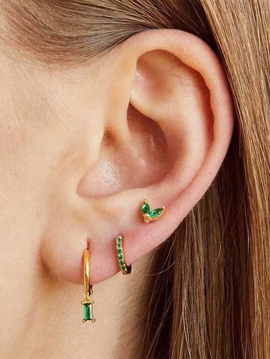 3對方晶鋯石裝飾耳環銅首飾類 - 金黃色 - 查看 1