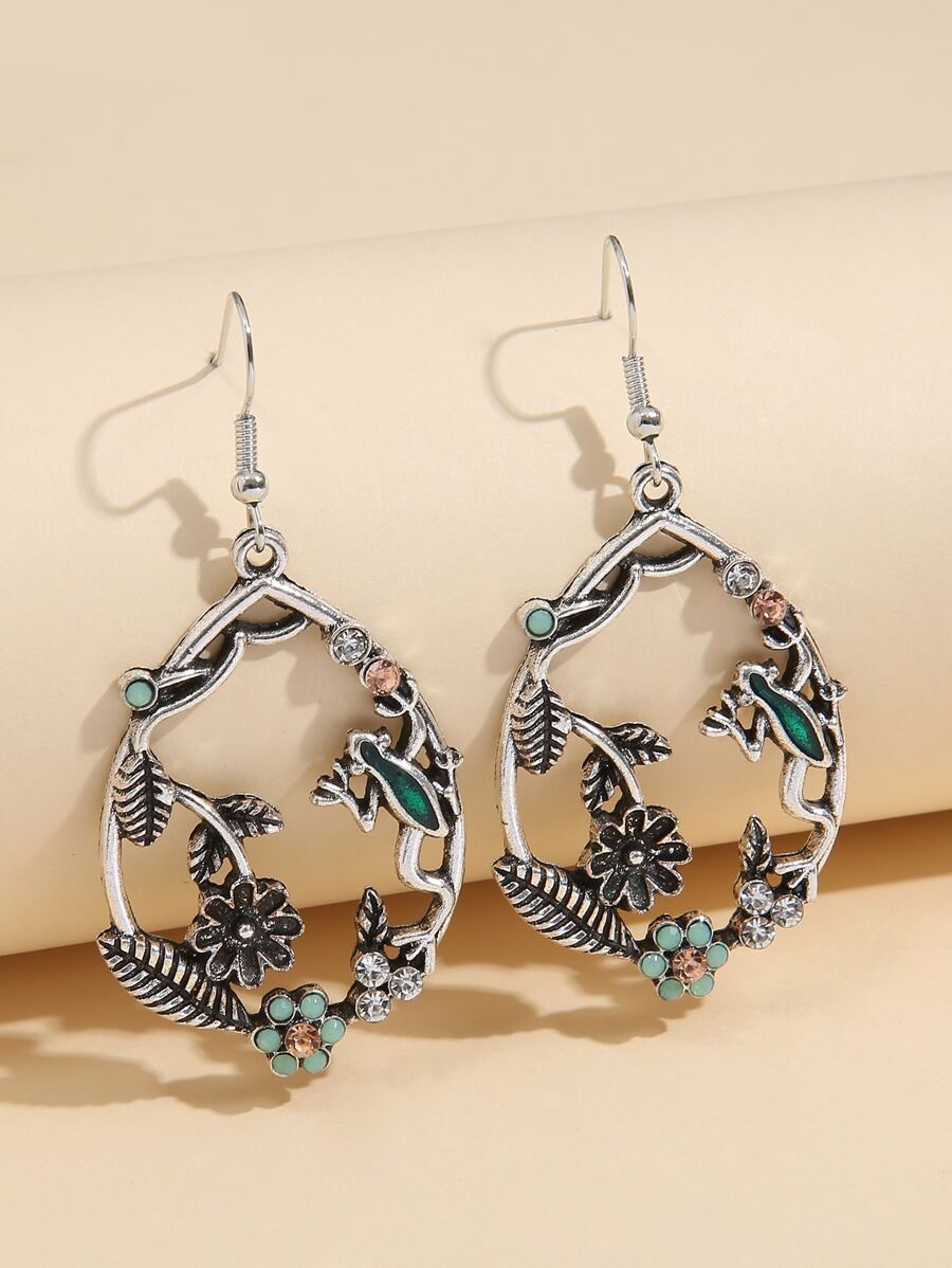 Bông tai thả trang trí hoa & ếch - Màu Bạc Cổ - Xem 1