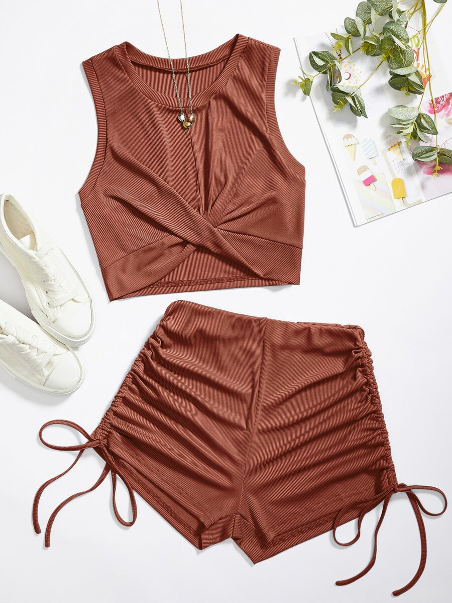 SHEIN Unity Solid Twist Front Crop Tank Top & Shorts - Brown - View 1