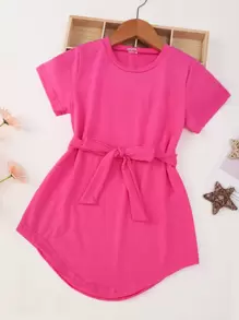 Toddler Girls Curved Hem Belted Tee Dress - Hot Pink - View 1