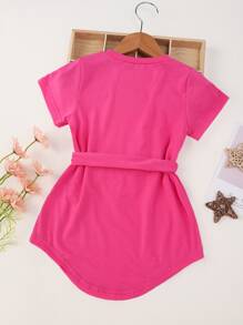 Toddler Girls Curved Hem Belted Tee Dress - Hot Pink - View 2