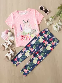 SHEIN Toddler Girls Heart & Rabbit & Floral Print Tee & Leggings - Multicolor - View 1