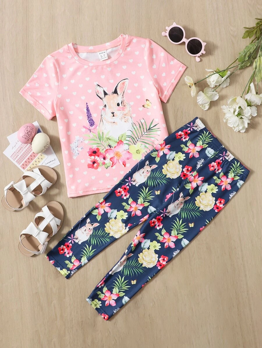 SHEIN Toddler Girls Heart & Rabbit & Floral Print Tee & Leggings - Multicolor - View 1