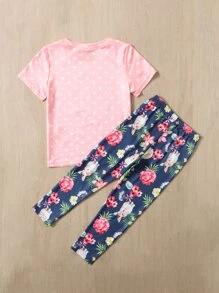 SHEIN Toddler Girls Heart & Rabbit & Floral Print Tee & Leggings - Multicolor - View 2
