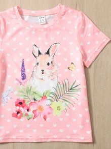 SHEIN Toddler Girls Heart & Rabbit & Floral Print Tee & Leggings - Multicolor - View 3