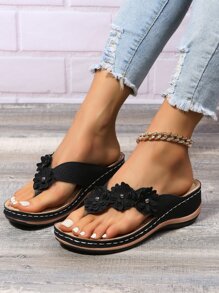 Women's Floral Stitching Pointed Toe Wedge Thick Sole Flip Flops - Black - View 3