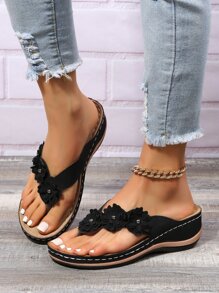 Women's Floral Stitching Pointed Toe Wedge Thick Sole Flip Flops - Black - View 4