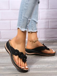 Women's Floral Stitching Pointed Toe Wedge Thick Sole Flip Flops - Black - View 6