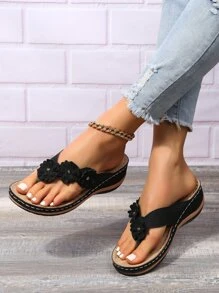 Women's Floral Stitching Pointed Toe Wedge Thick Sole Flip Flops - Black - View 7