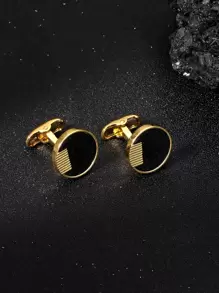 1对时尚简约不锈钢男士几何图案圆形袖扣，正式衬衫袖扣，婚礼西装袖扣，男士父亲节生日礼物 - 金黃色 - 查看 1