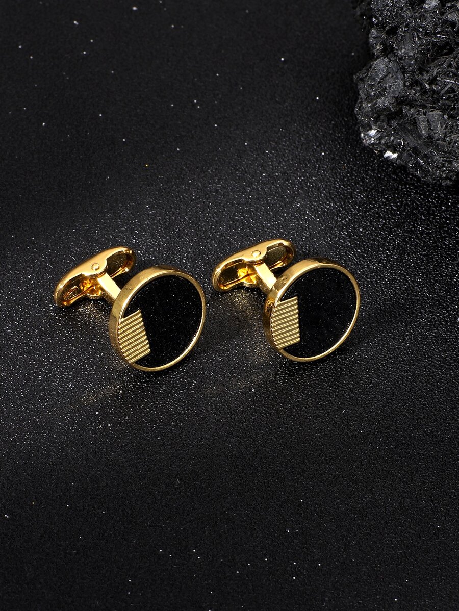 1对时尚简约不锈钢男士几何图案圆形袖扣，正式衬衫袖扣，婚礼西装袖扣，男士父亲节生日礼物 - 金黃色 - 查看 1