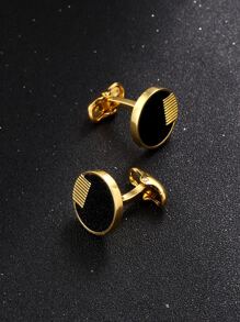 1对时尚简约不锈钢男士几何图案圆形袖扣，正式衬衫袖扣，婚礼西装袖扣，男士父亲节生日礼物 - 金黃色 - 查看 2
