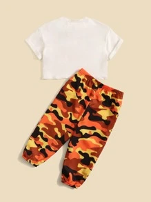 SHEIN Leap Crew Đứa bé gái Đồ họa Chữ cái Áo thun & Camo Quần short - Nhiều màu - Xem 2
