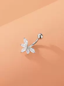 1 anillo de ombligo de acero inoxidable con hoja en forma de abanico y colgante de circonita cúbica, adecuado para mujeres - Plateado - Ver 1