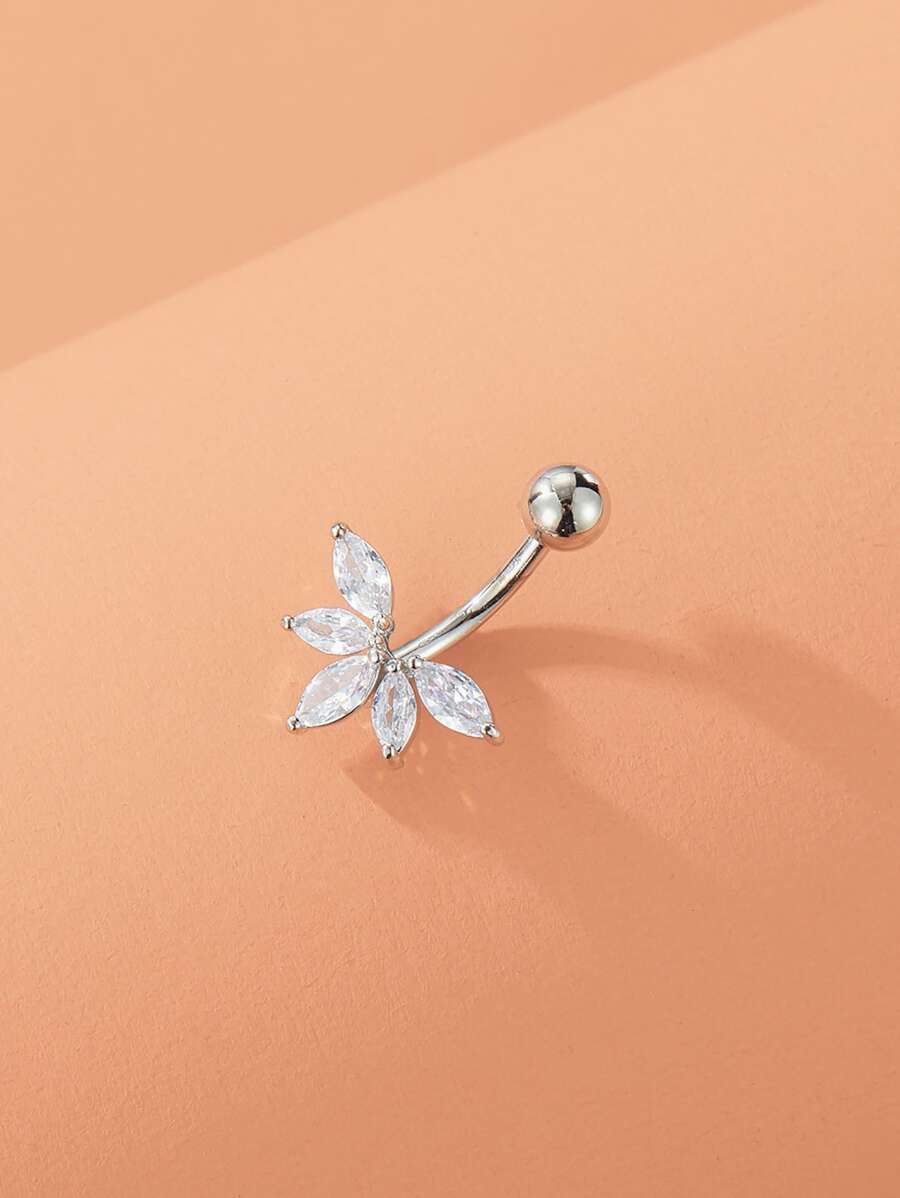 1 anillo de ombligo de acero inoxidable con hoja en forma de abanico y colgante de circonita cúbica, adecuado para mujeres - Plateado - Ver 1