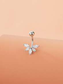 1 anillo de ombligo de acero inoxidable con hoja en forma de abanico y colgante de circonita cúbica, adecuado para mujeres - Plateado - Ver 2