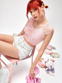 ROMWE Contrast Lace Sleeve Ruched Tee - Baby Pink - View 1