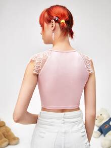 ROMWE Contrast Lace Sleeve Ruched Tee - Baby Pink - View 2