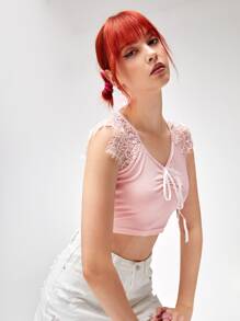 ROMWE Contrast Lace Sleeve Ruched Tee - Baby Pink - View 3