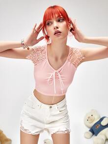 ROMWE Contrast Lace Sleeve Ruched Tee - Baby Pink - View 5