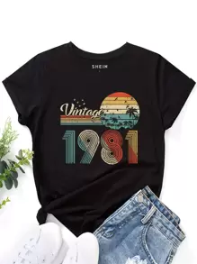 INAWLY Áo thun nữ Lá thư Nhiệt đới Giải trí - màu đen - Xem 1