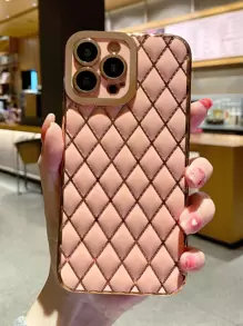 高端奢華防摔女性閃亮相機天使眼手機殼，電鍍羊皮菱形圖案柔軟殼，適用於蘋果和三星 - 淺粉色 - 查看 1