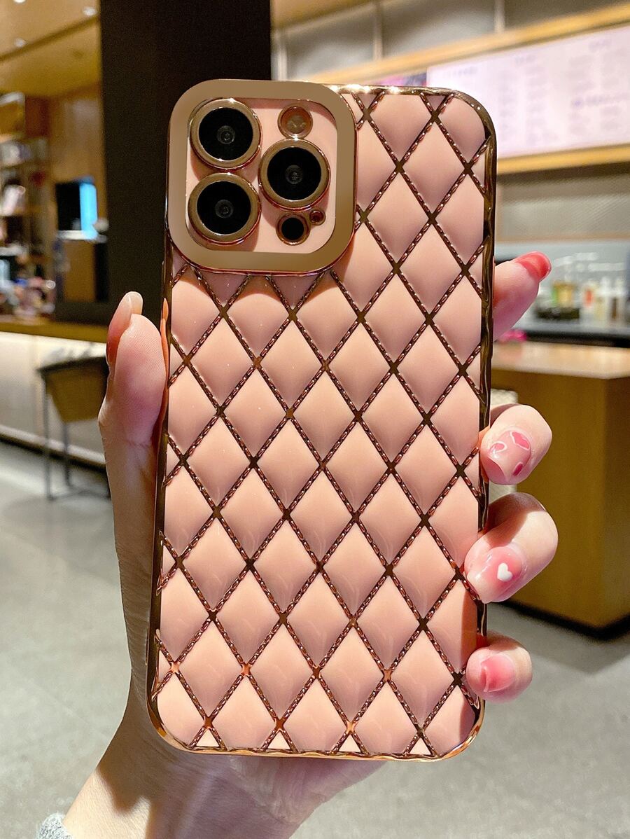 高端奢華防摔女性閃亮相機天使眼手機殼，電鍍羊皮菱形圖案柔軟殼，適用於蘋果和三星 - 淺粉色 - 查看 1