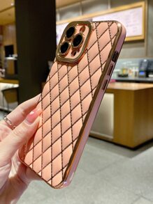高端奢華防摔女性閃亮相機天使眼手機殼，電鍍羊皮菱形圖案柔軟殼，適用於蘋果和三星 - 淺粉色 - 查看 3