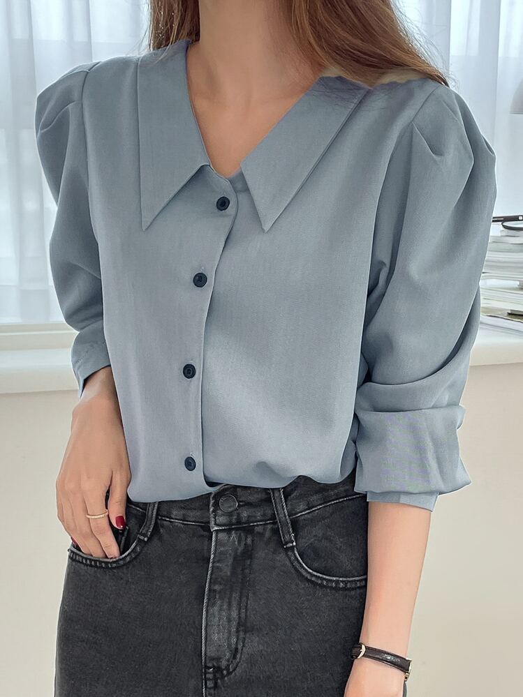 DAZY Solid Puff Sleeve Shirt - Dusty Blue - View 1