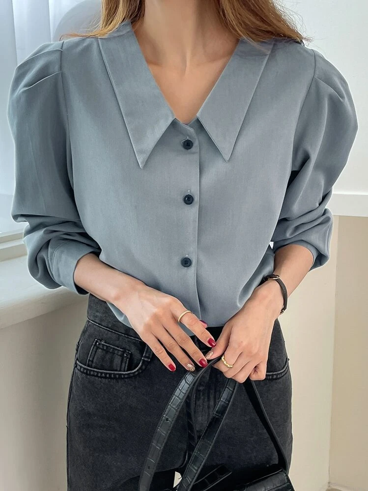 DAZY Solid Puff Sleeve Shirt - Dusty Blue - View 5