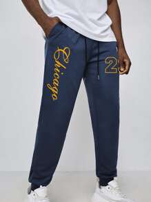 Manfinity Men Letter Graphic Drawstring Waist Joggers - Navy Blue - View 1