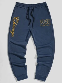 Manfinity Men Letter Graphic Drawstring Waist Joggers - Navy Blue - View 4