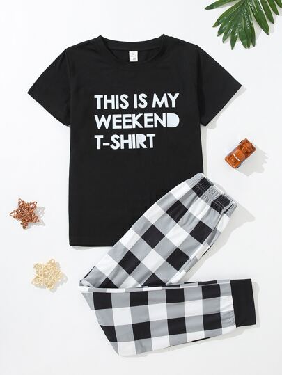 2pcs Set Simple Solid Black Letter Print Short Sleeve Top & Black Plaid Contrast Color Pants, Boys Pajamas Loungewear Set