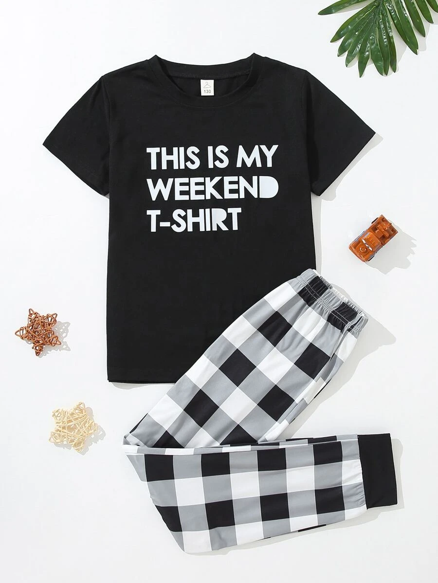 2pcs Set Simple Solid Black Letter Print Short Sleeve Top & Black Plaid Contrast Color Pants, Boys Pajamas Loungewear Set