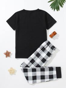 2pcs Set Simple Solid Black Letter Print Short Sleeve Top & Black Plaid Contrast Color Pants, Boys Pajamas Loungewear Set