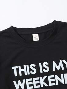 2pcs Set Simple Solid Black Letter Print Short Sleeve Top & Black Plaid Contrast Color Pants, Boys Pajamas Loungewear Set