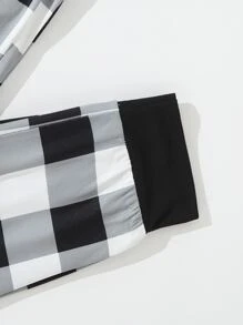 2pcs Set Simple Solid Black Letter Print Short Sleeve Top & Black Plaid Contrast Color Pants, Boys Pajamas Loungewear Set