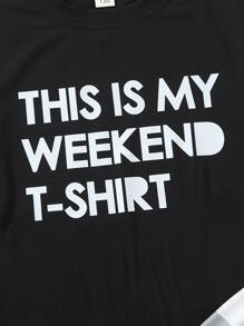 2pcs Set Simple Solid Black Letter Print Short Sleeve Top & Black Plaid Contrast Color Pants, Boys Pajamas Loungewear Set