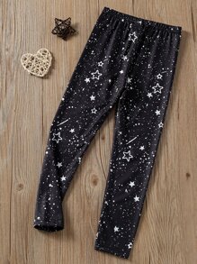 SHEIN 小女童星空圖案緊身打底褲 - 黑色 - 查看 2