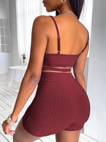 SHEIN SXY 十字交叉紋理質感吊帶上衣和騎行褲 - 酒紅色 - 查看 2