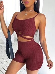 SHEIN SXY 十字交叉紋理質感吊帶上衣和騎行褲 - 酒紅色 - 查看 4
