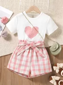 SHEIN Tween Girl Heart Print Tee With Plaid Belted Paperbag Shorts Without Bag Summer Holiday