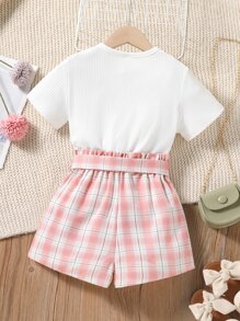 SHEIN Tween Girl Heart Print Tee With Plaid Belted Paperbag Shorts Without Bag Summer Holiday