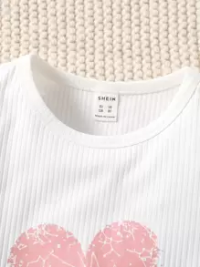 SHEIN Tween Girl Heart Print Tee With Plaid Belted Paperbag Shorts Without Bag Summer Holiday