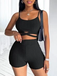 SHEIN Unity 十字交叉紋理質感吊帶上衣和騎行褲 - 黑色 - 查看 4