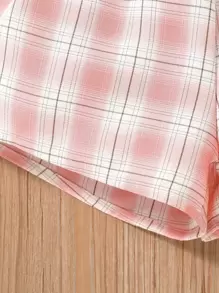 SHEIN Tween Girl Heart Print Tee With Plaid Belted Paperbag Shorts Without Bag Summer Holiday