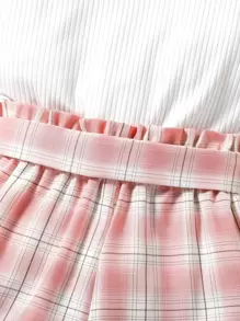 SHEIN Tween Girl Heart Print Tee With Plaid Belted Paperbag Shorts Without Bag Summer Holiday