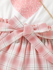 SHEIN Tween Girl Heart Print Tee With Plaid Belted Paperbag Shorts Without Bag Summer Holiday