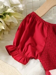SHEIN 女孩花卉圖案泡泡袖打褶腰帶傘狀洋裝 - 彩色 - 查看 7